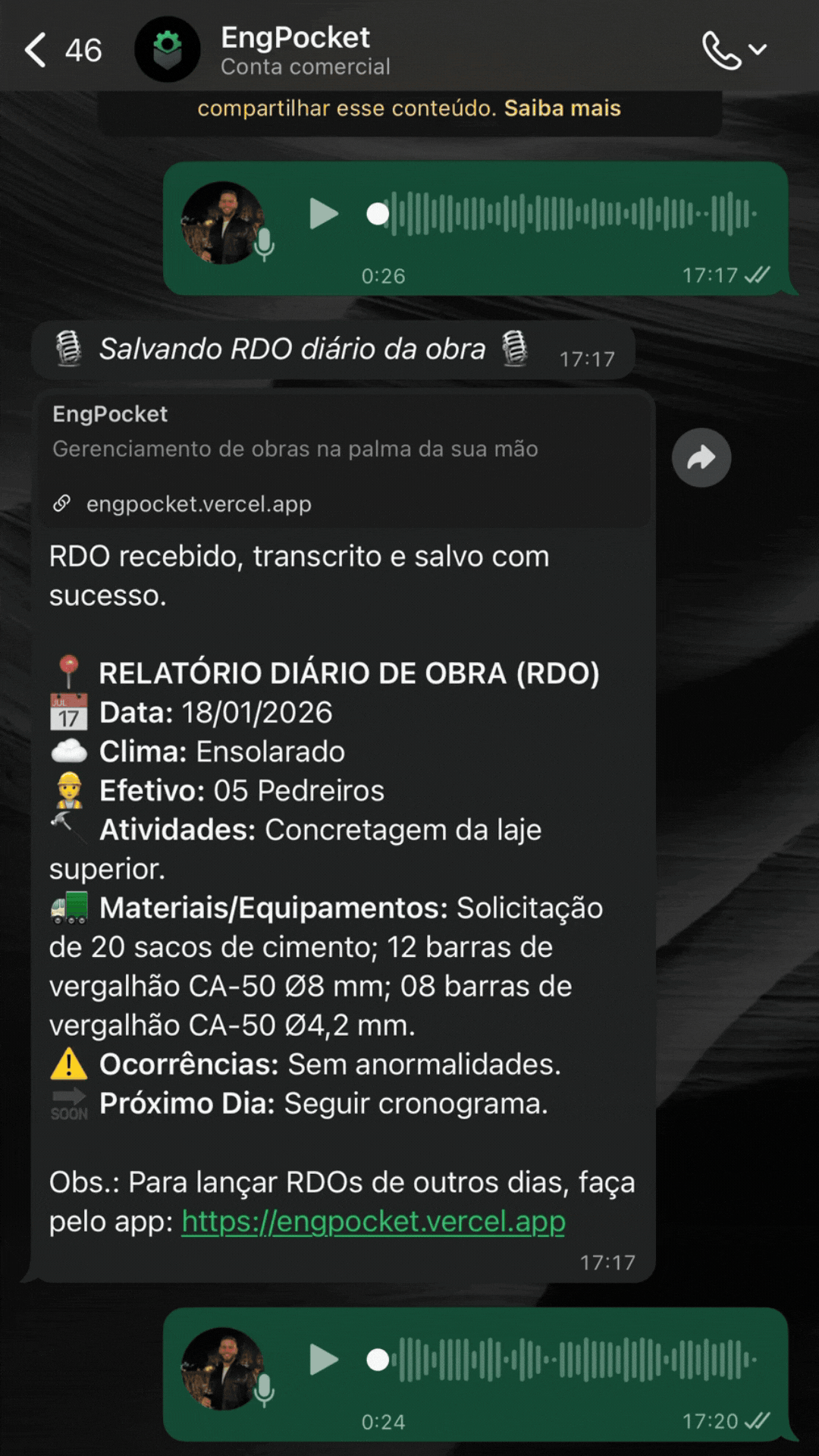 Demonstração RDO por Áudio